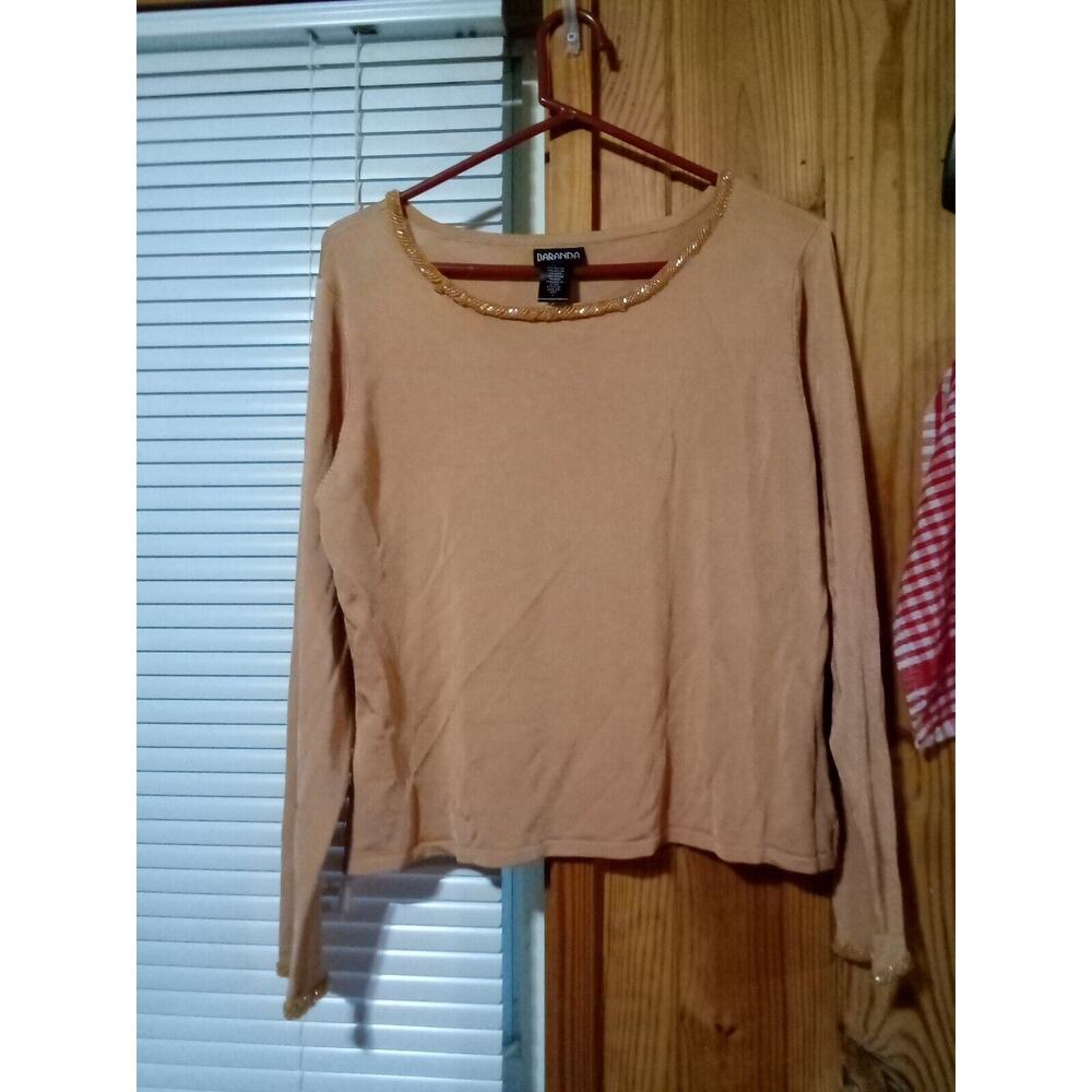 Baranda Women's Long Sleeve L Tan Top Beaded Neck And Wrists